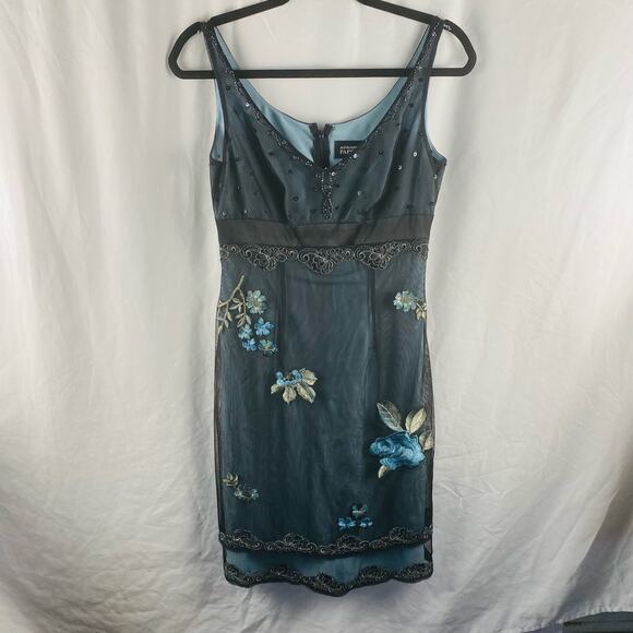 Adrianna Papell Blue and Black Lace Overlay Floral Embroidered‎ Cocktail Dress 4 - Picture 1 of 9
